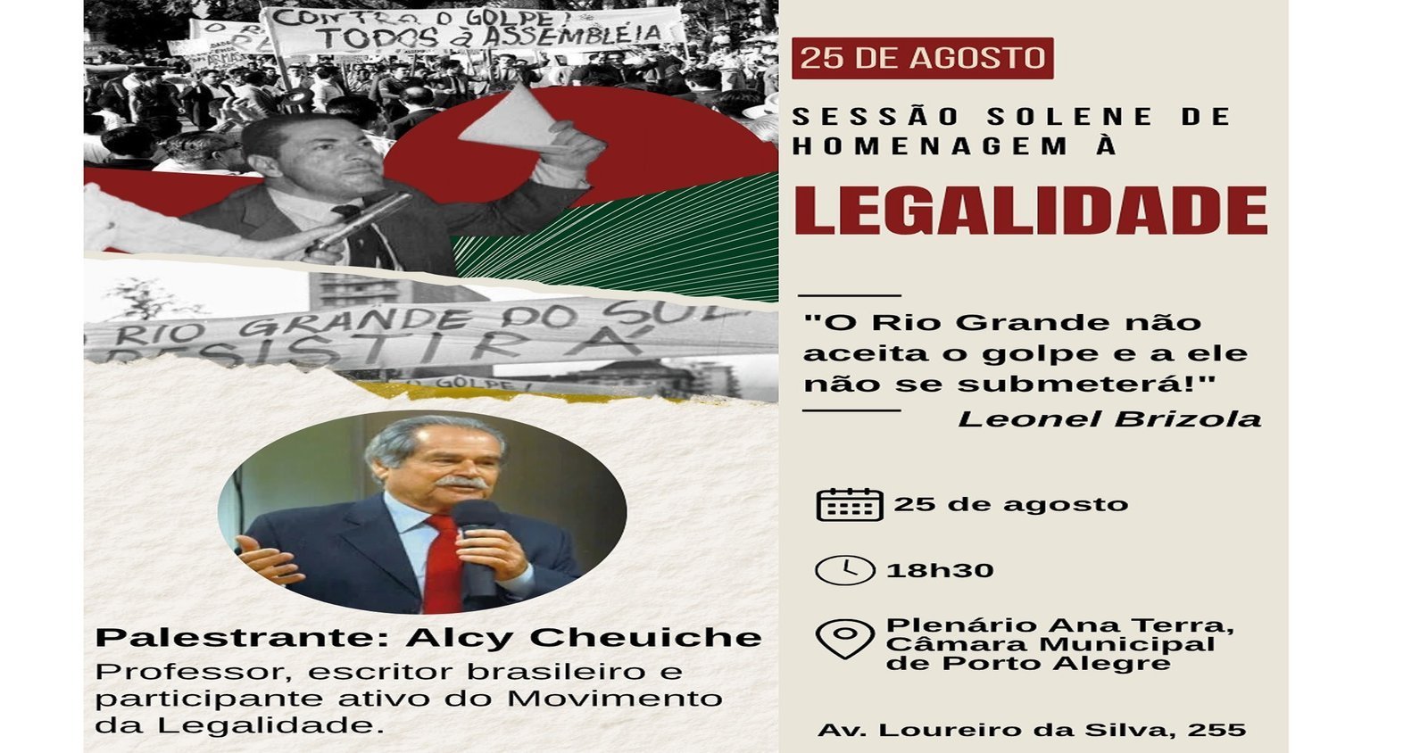 Câmara de Porto Alegre realiza Sessão Solene pelos 65 anos da Legalidade com palestra de Alcy Cheuiche